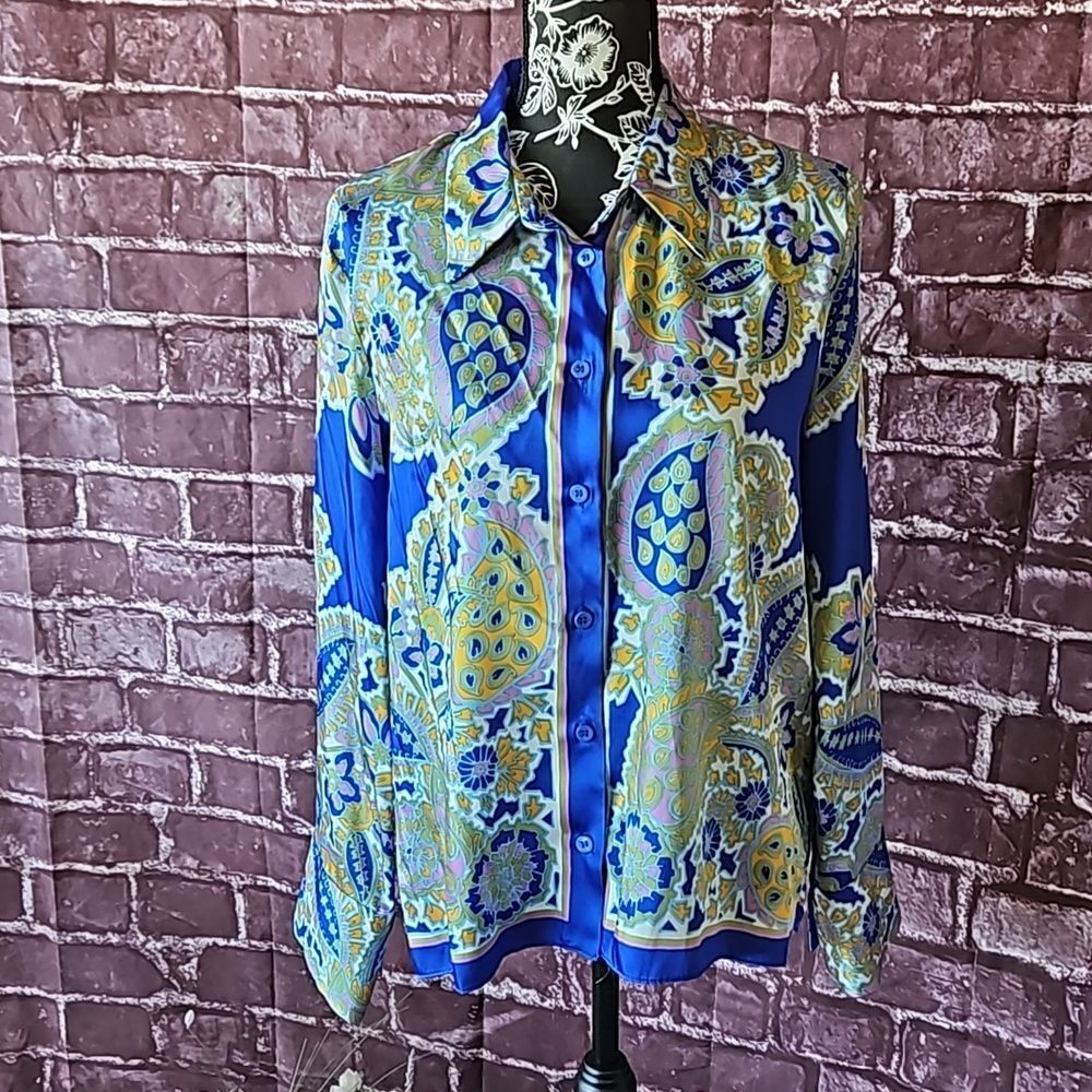 Zara Bohemian Colorful Abstract Button Down Blouse size Lg